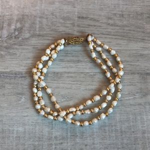 Gold & pearl dainty vintage three strand bracelet
